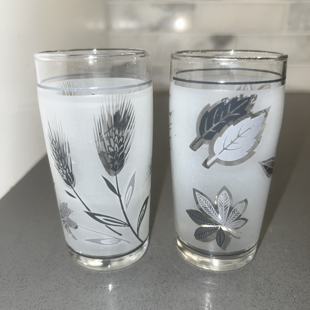 2~Vintage 1960's 4-Ounce Libby Frosted Silver Leaf Juice Glasses